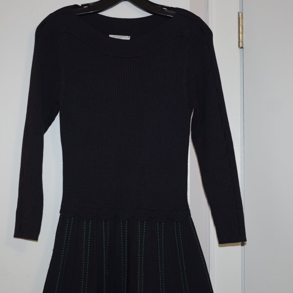 Sandro Paris Ribbed Knit Pleated Fit&Flare Pointell Dress Boatneck size 38 - Picture 5 of 10